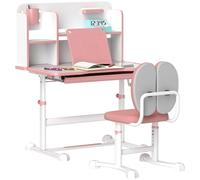 AIYAPLAY Ensemble Chaise et Bureau réglable en Hauteur pour Enfants 3-12 Ans, Bureau d'écolier avec Plateau inclinable à 45°, tiroir, étagère, Porte-stylos et Repose-Livres, Acier et MDF, Rose
