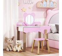 AIYAPLAY Ensemble de coiffeuse avec tabouret pour enfants, miroir de maquillage, forme d'ours, tiroir, MDF, Rose
