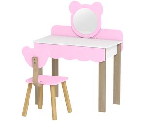 AIYAPLAY Ensemble de coiffeuse avec tabouret pour enfants, miroir de maquillage, forme d'ours, tiroir, MDF, Rose