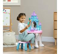 AIYAPLAY Ensemble de coiffeuse pour enfants 18 PCS avec miroir et tabouret, table de maquillage design château avec lumière, musique, sèche-cheveux, pour enfants de 3 à 6 ans, multicolore Description: