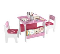 AIYAPLAY Ensemble de table pour enfants avec 2 chaises, table d'appoint avec étagère de bibliothèque intégrée, meubles de chambre et de salon en bois MDF avec motifs de cœurs, 3-8 ans, rose