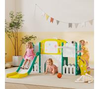 AIYAPLAY Ensemble de toboggans 7-en-1 pour tout-petits, panier de basket, design de grenouille, mur d'escalade, siège à bascule, pour intérieur et extérieur, Jaune+Vert