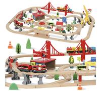AIYAPLAY Ensemble de train en bois 133 pièces, ensemble avec locomotive électrique, plaque de base, rails, grue, pont, tout-petits dès 3 ans