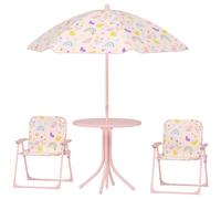 AIYAPLAY Ensemble salon de jardin extérieur enfant 4 pièces, motif arc-en-ciel et fleur, parasol réglable Ø 100cm, chaise pliable