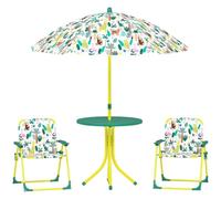 AIYAPLAY – Ensemble salon de jardin enfant motif éléphant et girafe – 4 pcs, parasol Ø100 cm, vert
