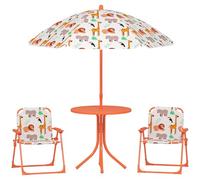 AIYAPLAY Ensemble Salon de Jardin extérieur Enfant, Table Enfant avec Chaise 4 pièces, Motif éléphant et Girafe, Parasol réglable Ø 100 cm, Chaise Pliable, pour terrasse, Balcon, Plage, Orange