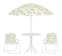 AIYAPLAY Ensemble Salon de Jardin extérieur Enfant, Table Enfant avec Chaise 4 pièces, Motif éléphant et Girafe, Parasol réglable Ø 100 cm, Chaise Pliable, pour terrasse, Balcon, Plage, Blanc