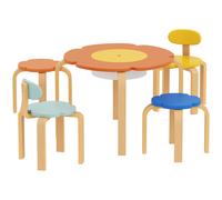 AIYAPLAY Ensemble table et chaises 5 pièces, avec pochette de rangement, forme de fleur, pour salle de jeux, chambre d'enfant, bois, multicolore