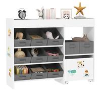 AIYAPLAY Étagère de Rangement Enfant pour Jouets et Livres, avec 11 bacs de rangements en Tissu Non tissé et Un Cabinet sur roulettes, pour Chambre, Salon, Salle de Jeu, 105x30x80cm, Blanc