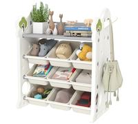 AIYAPLAY Étagère pour Enfants Étagère à Jouets à 4 Niveaux avec 9 boîtes Amovibles, étagère, Crochets, étagère de Chambre d'enfant pour Maternelle, Salle de Jeux, 77 x 42 x 94 cm, Blanc crème
