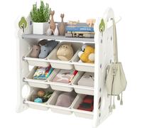 AIYAPLAY Étagère pour enfants Étagère à jouets à 4 niveaux avec 9 boîtes amovibles, étagère, crochets, étagère de chambre d'enfant pour maternelle, salle de jeux, 77 x 42 x 94 cm, blanc crème