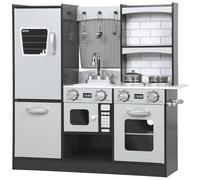 AIYAPLAY Jouet Cuisine en bois avec son, Kitchenette pour enfants avec accessoires en acier inoxydable, réfrigérateur, micro-ondes, évier, 81x27x79,7 cm, Dark Brown