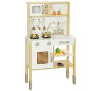 AIYAPLAY Jouet Cuisine en bois avec son, Kitchenette pour enfants avec accessoires en acier inoxydable, micro-ondes, four, évier, coupe-légumes, pour les enfants de 3 ans et plus, doré
