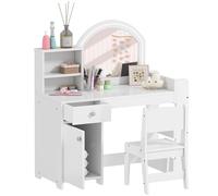 AIYAPLAY Kids Vanity Table and Chair Set, Girls Dressing Table with 2-Colour LED Mirror, Stool, Cabinet, Drawer, Bookshelf and Shelves for Ages 3-8 Years, White