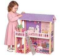 AIYAPLAY Maison de poupée en Bois, 5 pièces, poupées et Meubles, Rose | Maison de poupée à monter soi-même, jeu d’imitation, cadeau pour enfants 3-6 ans