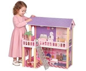 AIYAPLAY Maison de poupée en Bois, 5 pièces, poupées et Meubles, Rose | Maison de poupée à monter soi-même, jeu d’imitation, cadeau pour enfants 3-6 ans