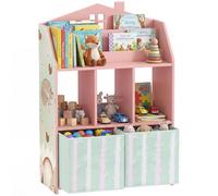 AIYAPLAY Meuble Rangement Enfant, bibliothèque Enfants avec étagères Ouvertes et 2 tiroirs en Tissu, Forme de Maison et Motif de Renard, Rangement Jouet pour Chambre d'enfants Salle de Jeu, Rose