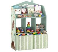 AIYAPLAY Meuble Rangement Enfant, bibliothèque Enfants avec étagères Ouvertes et 2 tiroirs en Tissu, Forme de Maison et Motif d'ours, Rangement Jouet pour Chambre d'enfants Salle de Jeu, Vert
