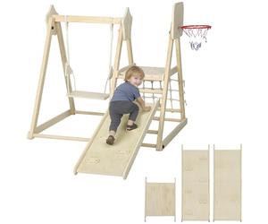 AIYAPLAY Montessori - Triangle d'escalade 5 en 1 - En bois - Avec toboggan, balançoire, filet d'escalade et planche - Panier de basket-ball - Aire de jeux pliable pour enfants de 3 à 6 ans - Naturel