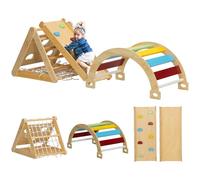AIYAPLAY Montessori - Triangle d'escalade 7 en 1 en bois avec arche d'escalade, toboggan, aire de jeux d'intérieur avec rampe, filet d'escalade, pierre à grimper, pour enfants de 1,5 à 4 ans
