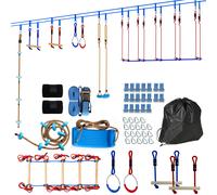 AIYAPLAY Ninja Line pour enfants 24 m Slackline Set avec anneaux 7 obstacles Barre de grimpe Passerelle d'équilibre pour 3-6 ans Rouge+Bleu