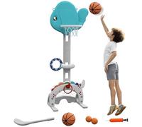 AIYAPLAY Panier de Basket-Ball pour Enfants 5 en 1, Hauteur réglable 134-152 cm, But de Football, Balle de Golf et Lancer d'anneaux, Mini Panier de Basket pour Enfants de 3 à 6 Ans, Bleu et Gris