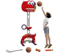 AIYAPLAY Panier de Basket-Ball pour Enfants, Hauteur réglable, 5 en 1 Multifonctions Lancer de balles, Golf, Football et Jeu de Lasso, 3-6 Ans, Rouge