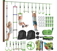 AIYAPLAY Parcours d'obstacles pour enfants, 10 m, 10 pièces de tyrolienne empilable pour enfants, avec 2 barres de singe, 2 anneaux de gym, une échelle en corde, une balançoire de nid, un protecteur