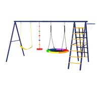 AIYAPLAY Portique balancoire exterieur 6 en 1 avec 3 balançoires, panier de basket, échelle d'escalade et filet, multicolore