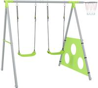 AIYAPLAY Portique de balançoire 3 en 1 Portique de balançoire extérieur avec 2 balançoires, panier de basket, but de football, balançoire pour enfants avec structure métallique, balançoire de jardin p