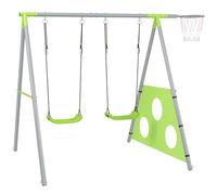 AIYAPLAY Portique de balançoire 3 en 1 Portique de balançoire extérieur avec 2 balançoires, Panier de Basket, But de Football, balançoire pour Enfants avec Structure métallique, balançoire de Jardin