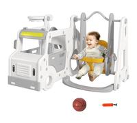 AIYAPLAY Portique Enfant Toboggan balançoire Bus avec Panier de Basket-Ball Aire de Jeux 4 en 1 Usage intérieur et extérieur 18-48 Mois Blanc Gris