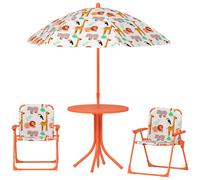 AIYAPLAY Salon de jardin enfant, table enfant avec 2 chaises pliantes et parasol Ø 100 cm, motif animal, orange