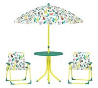 AIYAPLAY Salon de Jardin Enfant, Table Enfant avec 2 chaises Pliantes et Parasol Amovible Ø 100 cm, Motif Jungle, mobilier extérieur Portable Cadeau pour garçon et Fille 2-5 Ans, Vert