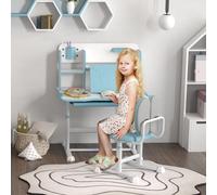 AIYAPLAY Set Bureau et Chaise pour Enfants Réglables, Banc d'École avec Plan Inclinable, Tiroir, Étagère, Bleu