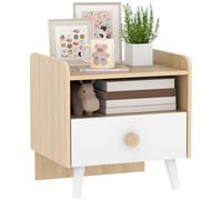 AIYAPLAY Table de chevet en bois pour enfants de plus de 3 ans avec tiroir et bords arrondis pour chambre à coucher chêne et blanc