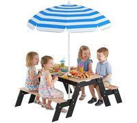 AIYAPLAY Table de Pique-Nique Enfants avec Parasol Amovible, 3 en 1 Salon de Jardin en Bois pour Enfants 3-6 Ans avec 2 Boîtes pour Sable & Eau, Charge 50 kg, pour Jardin Terrasse Patio, Bois Naturel