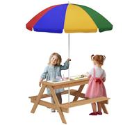 AIYAPLAY Table de Pique-Nique pour Enfants, Table de Sable et d'eau avec bancs en Bois, Parasol réglable et bacs de Rangement, mobilier de Jardin extérieur pour Enfants de 3 à 6 Ans, Multicolore