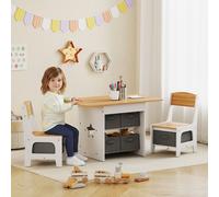 AIYAPLAY Table enfant avec 2 chaises avec 6 tiroirs en tissu motif étoiles pour garçons et filles 3-8 ans naturel