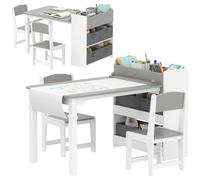 AIYAPLAY Table Enfant avec Chaise, Ensemble Table et 2 chaises Enfant en Bois pour Dessiner, Jouer, étudier avec Rouleau de Papier, étagères de Rangement et tiroirs, pour Fille garçon 3-8 Ans, Gris
