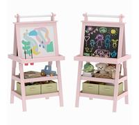 AIYAPLAY Tableau chevalet enfant 3 en 1 tableau double face enfant avec panneau blanc et noir magnétique - rouleau papier + 2 paniers rangement intégrés - 3-6 ans en bois rose