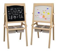 AIYAPLAY Tableau chevalet pour enfants - Tableau noir double face - Rouleau de papier + 2 paniers de rangement intégrés - Bois de pin naturel massif