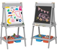 AIYAPLAY Tableau noir pour enfants 3 en 1, chevalet double face pour enfants avec tableau à craies, tableau blanc, chevalet avec gomme, papier à dessin, boîtes de rangement, pour enfants 3-8 ans, gris