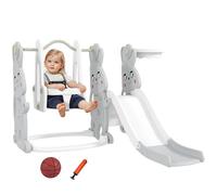 AIYAPLAY Toboggan 4 en 1 pour enfant avec balançoire, cadre d'escalade, panier de basket, aire de jeux pour enfants avec design de lapin, toboggan pour enfants de 1,5 à 4 ans, gris
