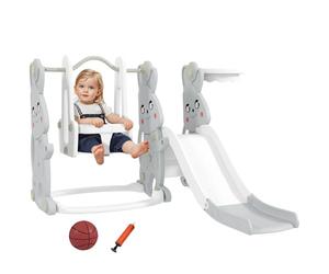 AIYAPLAY Toboggan 4 en 1 pour enfant avec balançoire, cadre d'escalade, panier de basket, aire de jeux pour enfants avec design de lapin, toboggan pour enfants de 1,5 à 4 ans, gris