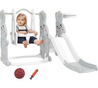AIYAPLAY Toboggan 4 en 1 pour enfants avec balançoire, portique d'escalade, panier de basket-ball, aire de jeux pour enfants avec design de lapin Toboggan pour petits enfants pour l'intérieur et l'ext