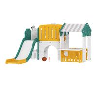 AIYAPLAY Toboggan 7-en-1, aire de jeu intérieure, structure d'escalade, maisonnette, tableau, panier de basket, 1-4 ans, plastique, Jaune+Vert