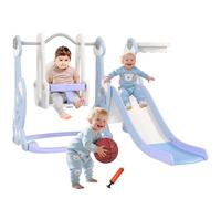 AIYAPLAY Toboggan et balançoire pour Enfants 4 en 1, Aire de Jeux Tout-Petits avec Panier de Basket, Toboggan, balançoire et échelle, pour Enfants de 1,5 à 4 Ans, thème fusée, Bleu Clair