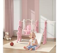 AIYAPLAY Toboggan et balançoire pour enfants 4 en 1 avec panier de basket, toboggan, balançoire, 147,5x160x107cm, rose
