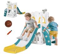AIYAPLAY Toboggan pour Enfant 5 en 1 avec Panier de Basket, télescope, Espace de Rangement, Ballon et Escalade antidérapante, Aire de Jeux intérieur et extérieur pour garçons et Filles 1-3 Ans, Jaune